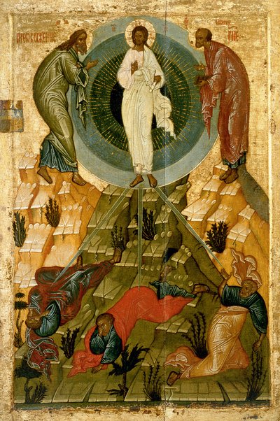 Przemienienie Pańskie, rosyjska ikona z cerkwi Zaśnięcia Matki Bożej na polu Wołotowskim koło Nowogrodu (tempera na panelu) autorstwa Novgorod School