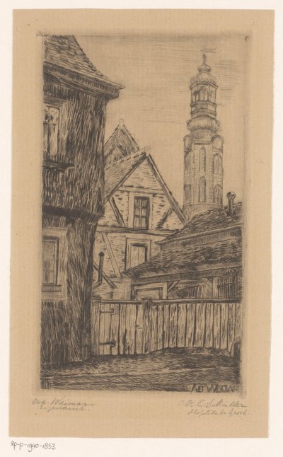 Pejzaż miejski z wieżą w Weimarze Alt Weimar (tytuł na obiekcie) autorstwa Octavia Cornelia Suzanna Hofstede de Groot (signed by artist)