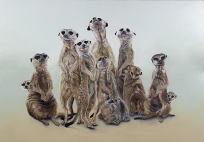 Meerkat mob, sun angels, 2013 (akryl na drewnie) autorstwa Odile Kidd