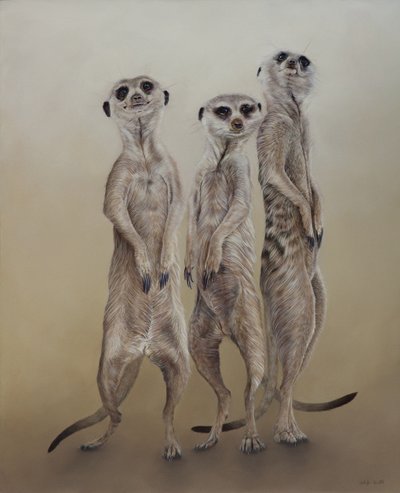 Surykatki, 2014 (akryl na drewnie gesso) autorstwa Odile Kidd