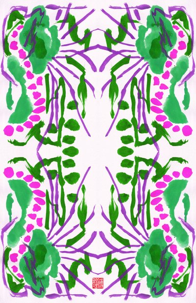 Paw, zielony, różowy, kwiatowy wzór, 2023 (gwasz na papierze, cyfrowy) autorstwa Odilia W. Y. Fu
