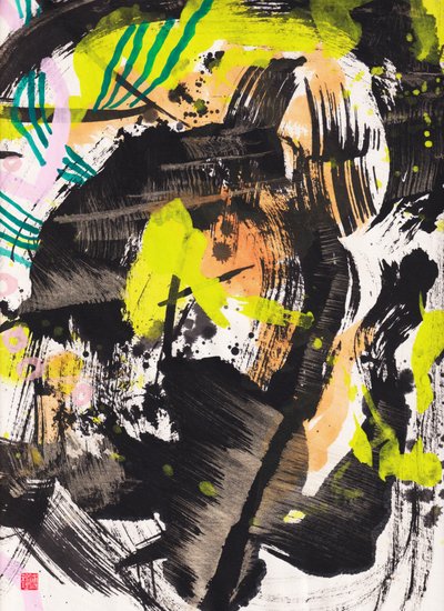 Abstrakcja tuszem Zen Fire And Wind, 2018 (tusz i kolor na papierze Xuan) autorstwa Odilia W. Y. Fu