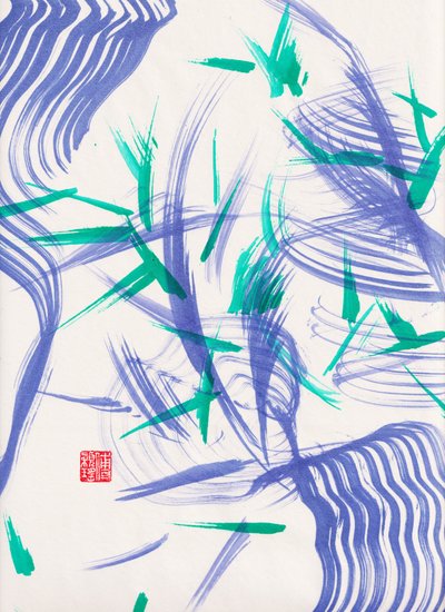 Zen Green Bamboo Abstraction 2, 2020 (akryl na papierze Xuan) autorstwa Odilia W. Y. Fu