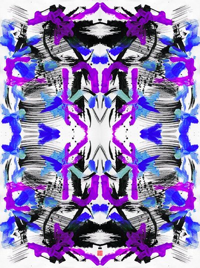 Zen Ink Blue Purple Floral Pattern, 2023 (akryl na papierze, cyfrowo) autorstwa Odilia W. Y. Fu