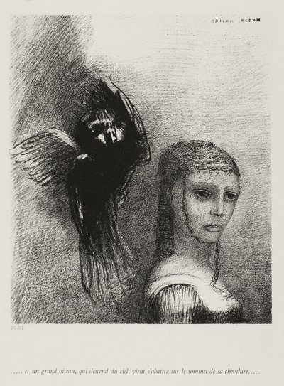 A duży ptak schodzący z nieba rzuca się w najwyższy punkt jej włosów, płyta 3 z 10, 1888 autorstwa Odilon Redon