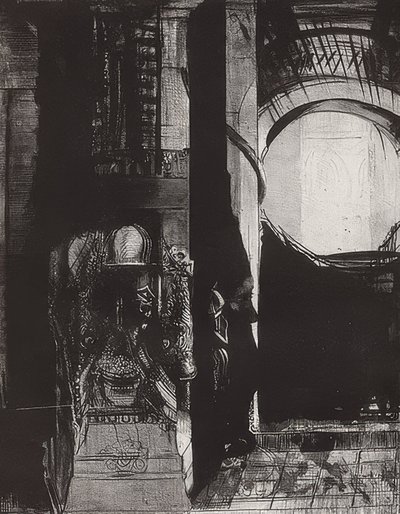 A wszędzie są bazaltowe kolumny? Światło pada z podziemi, Blatt 3 der Folge La Tentation de Saint-Antoine. 1896 autorstwa Odilon Redon
