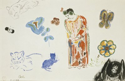 Arkusz studiów: kobieta, kwiaty i zwierzęta autorstwa Odilon Redon