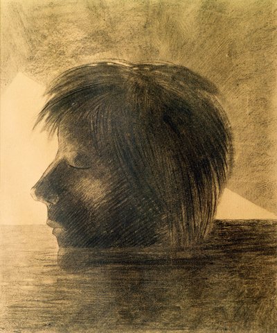 Głowa Orfeusza na wodzie lub mistyk, 1880 (węgiel i ołówek na papierze) autorstwa Odilon Redon