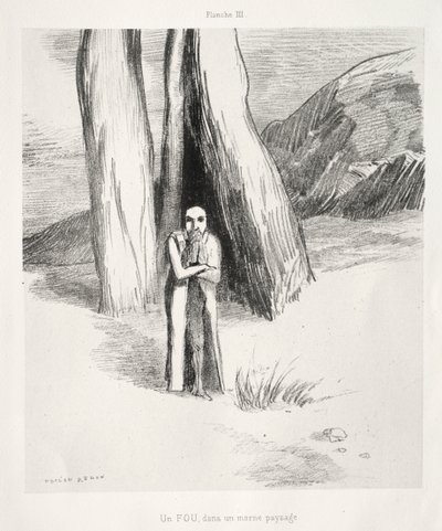 Hołd dla Goi: szaleniec w ponurym krajobrazie, 1885. autorstwa Odilon Redon