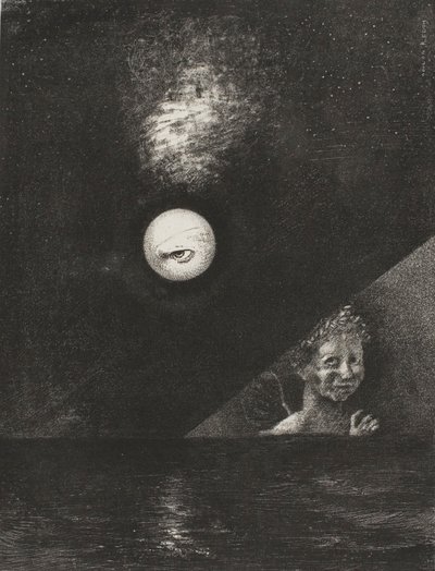 Na horyzoncie anioł pewności, a w ponurym niebie pytające oko, płyta czwarta z To Edgar Poe autorstwa Odilon Redon