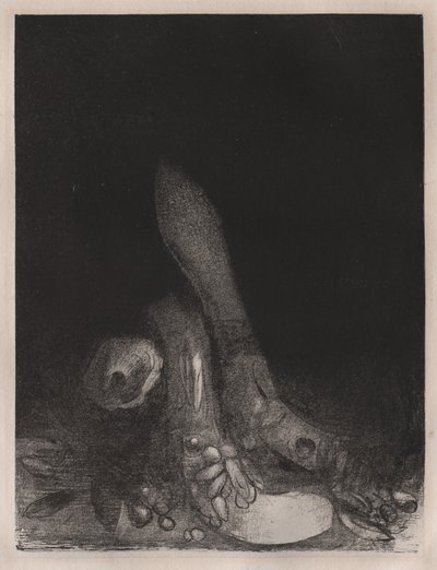 Kuszenie św. Antoniego: opadają kwiaty i pojawia się głowa pytona, 1896. autorstwa Odilon Redon