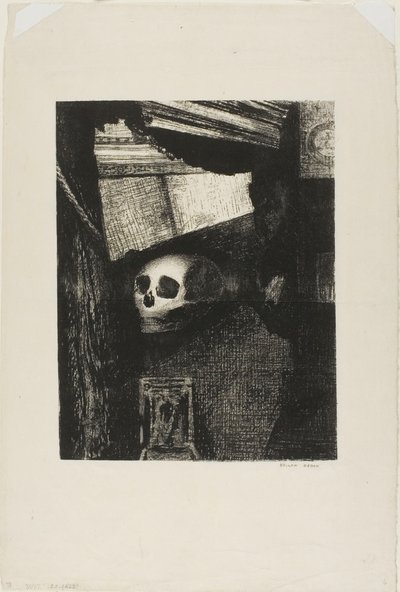 Przez otwór w ścianie pojawiła się czaszka, płyta 1 z Le Jure Edmonda Picarda autorstwa Odilon Redon