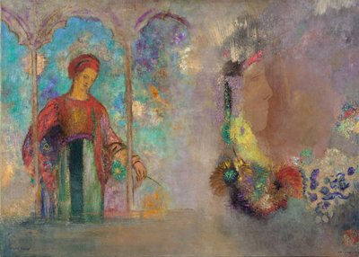 Kobieta w gotyckiej arkadzie - Kobieta z kwiatami - Peinture de Odilon Redon(1840-1916) autorstwa Odilon Redon