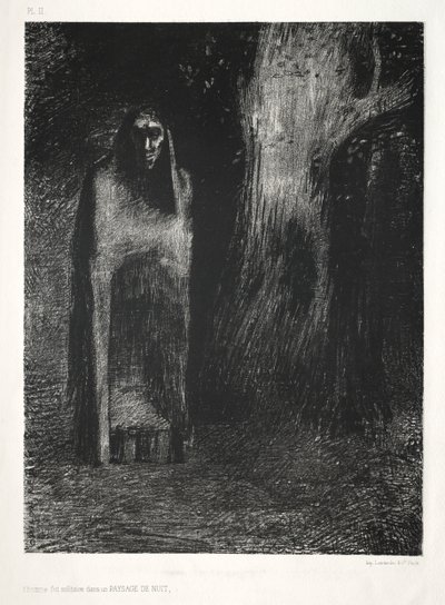 Noc: człowiek był sam w nocnym krajobrazie, 1886. autorstwa Odilon Redon Lemercier and Cie.