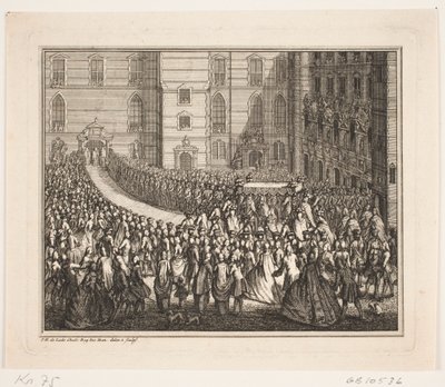 Król Fryderyk V w procesji na ceremonię namaszczenia w kościele Pałacu Frederiksborg. Ilustracja do aktu namaszczenia Fryderyka d. IV autorstwa Odvardt Helmoldt de Lode