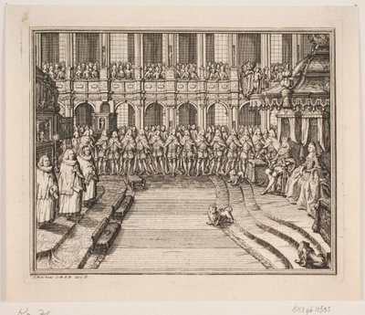 Król Fryderyk V i Królowa Ludwika podczas ceremonii namaszczenia w kościele pałacowym Frederiksborg. Ilustracja do aktu namaszczenia Fryderyka d. IV autorstwa Odvardt Helmoldt de Lode