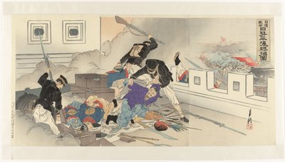Przedstawienie wojny chińsko-japońskiej w Pjongjangu Nisshin sensô Nissei Heijô shôho zu (tytuł na obiekcie) autorstwa Ogata Gekko