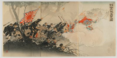 Bitwa pod Jinzhou, era Meiji, 1894 (kolorowy drzeworyt) autorstwa Ogata Gekko