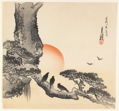 Wrony na pniu, okres Meiji, ok. 1890-1910 (kolorowy drzeworyt) autorstwa Ogata Gekko