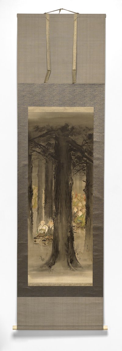Kitsune No Yomeiri [Ślub lisa], koniec XIX-początek XX wieku (tusz na jedwabnym papierze z wałkiem z kości słoniowej) autorstwa Ogata Gekko