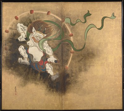 Le dieu de la tempete (Bóg piorunów) Lewa część dwupanelowego ekranu - Dzieło Ogaty Korin (1658-1716), akwarela i tusz na papierze, początek XVIII wieku, sztuka japońska, mitologia Wschodu - Muzeum Narodowe w Tokio, Japonia autorstwa Ogata Korin
