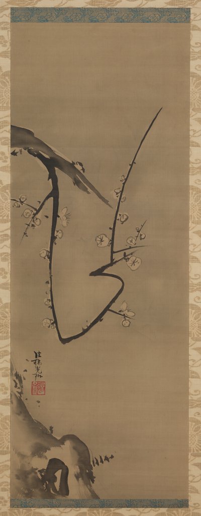 Prunus, wiszący zwój, ok. 1700 (atrament na jedwabiu) autorstwa Ogata Korin
