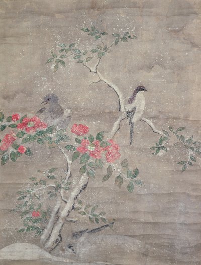 Ptaki i kamelia na śniegu, ok. 1700 r. (tusz i kolory na papierze) autorstwa Ogawa Haritsu