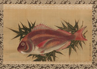 Dorada (Tai) na liściach bambusa, wiszący zwój, XVIII w. (kolor na jedwabiu) autorstwa Ogawa Ritsuo Ogawa Ritsuo