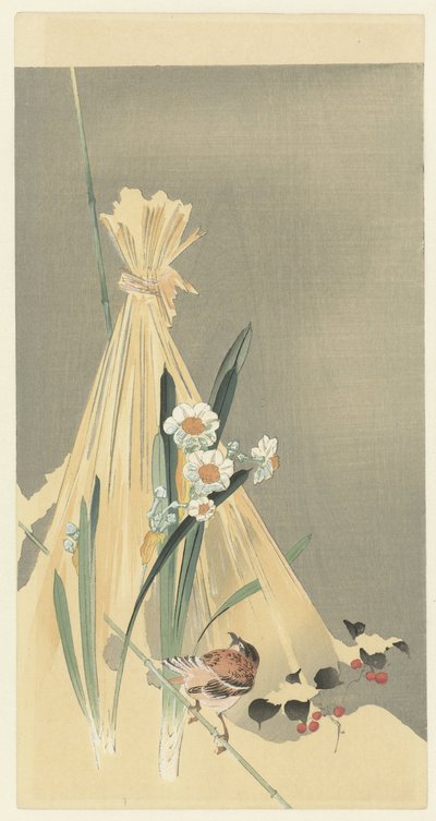 Ptak śpiewający w wiązce siana autorstwa Ohara Koson (attributed to)