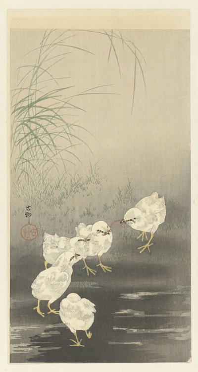 Pisklęta i robak autorstwa Ohara Koson