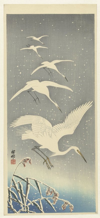 Opadające czaple w śniegu autorstwa Ohara Koson