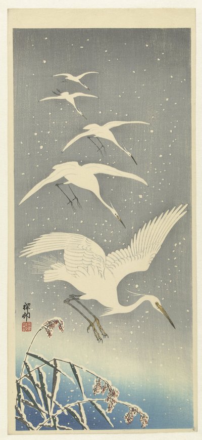 Zstępujące czaple w śniegu autorstwa Ohara Koson