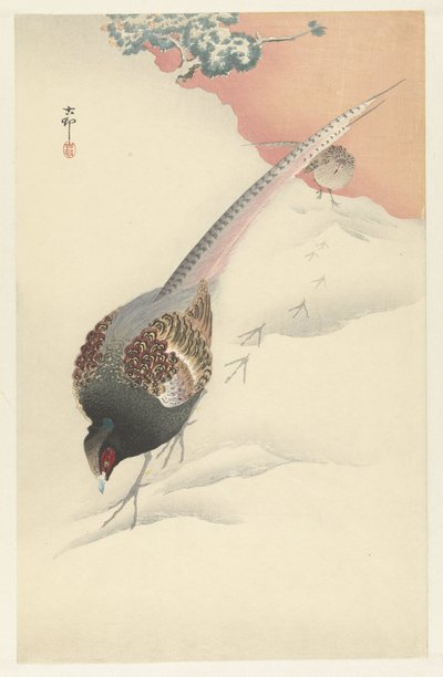 Para bażantów na śniegu autorstwa Ohara Koson