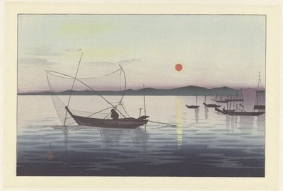 Łodzie rybackie o zachodzie słońca autorstwa Ohara Koson