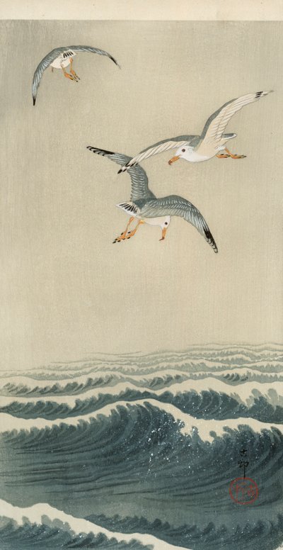 Mewy na morzu autorstwa Ohara Koson