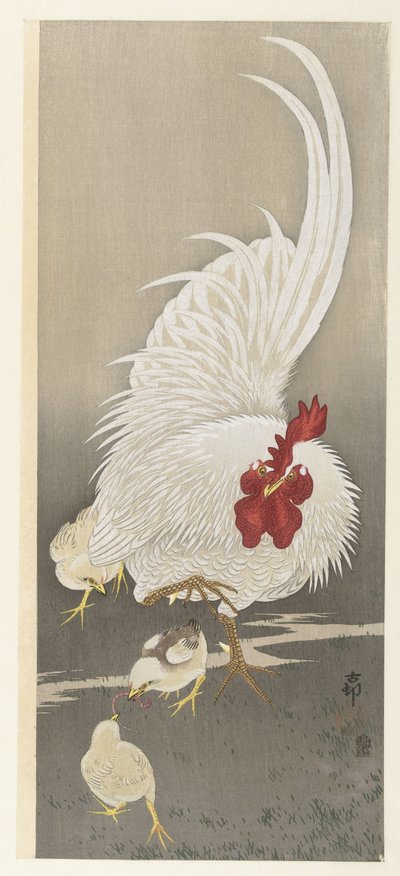 Kogut i trzy pisklęta autorstwa Ohara Koson
