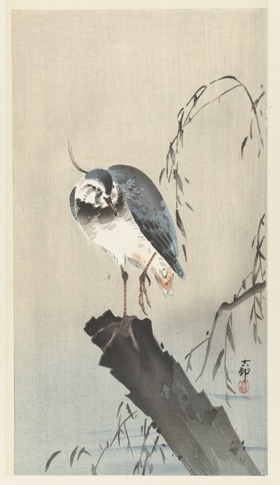 Czajka na pniu drzewa autorstwa Ohara Koson