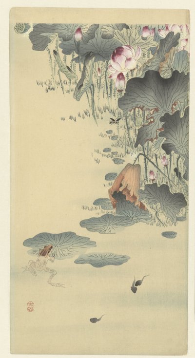 Żaba i kijanki autorstwa Ohara Koson