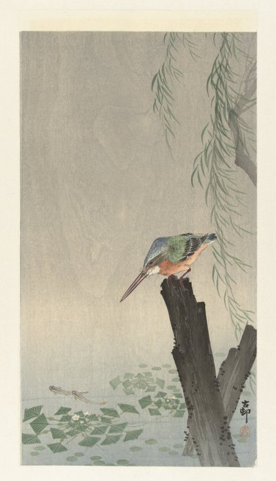 Zimorodek na pniu drzewa autorstwa Ohara Koson