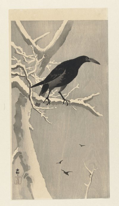 Wrona na gałęzi drzewa śnieżnego. autorstwa Ohara Koson