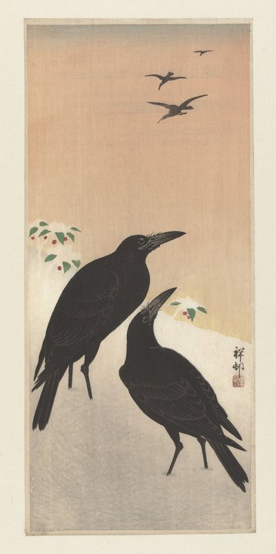 Wrony na śniegu autorstwa Ohara Koson