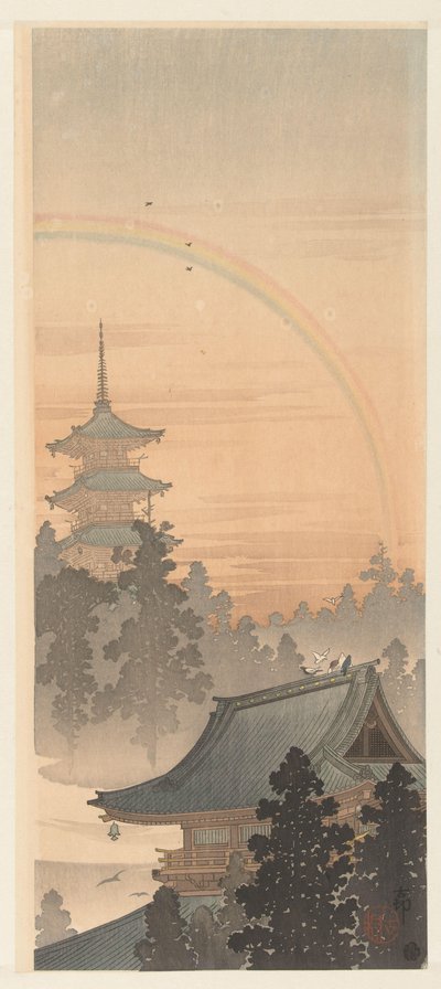 Pagoda i tęcza autorstwa Ohara Koson
