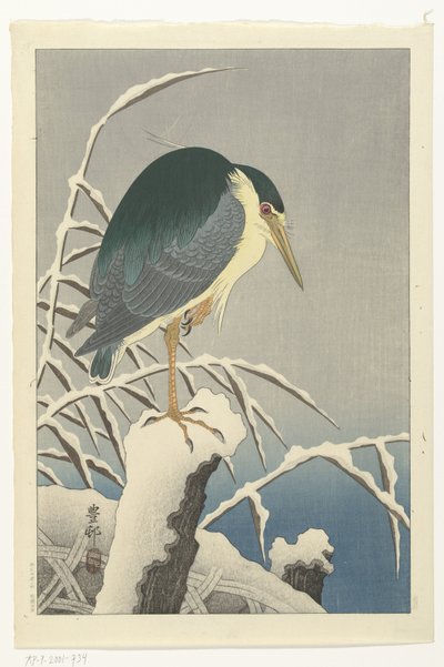 Czapla w śniegu autorstwa Ohara Koson