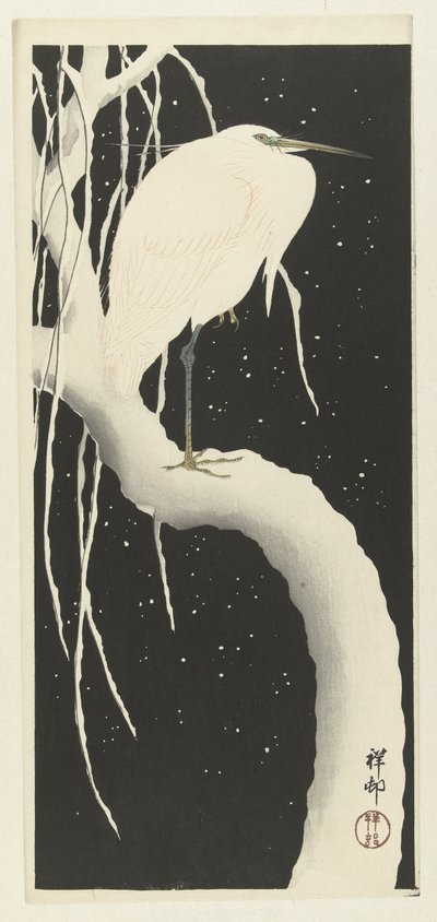 Czapla w śniegu autorstwa Ohara Koson