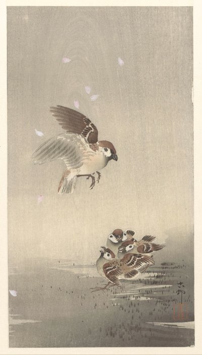 Wróbel z chłopcem autorstwa Ohara Koson