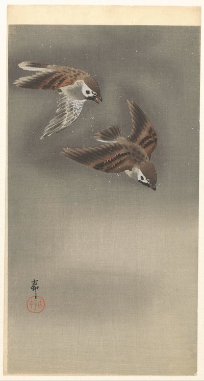 Wróble pierścieniowe w śniegu autorstwa Ohara Koson