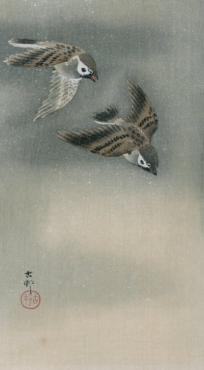 Wróble w locie (kolorowy drzeworyt) autorstwa Ohara Koson