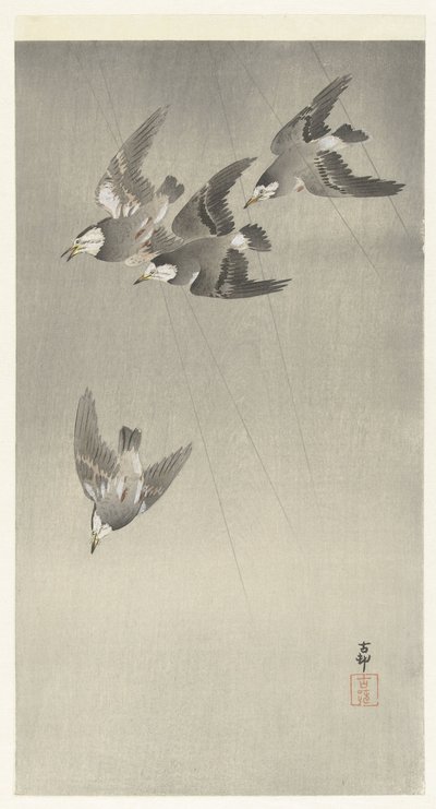 Szpak w deszczu autorstwa Ohara Koson