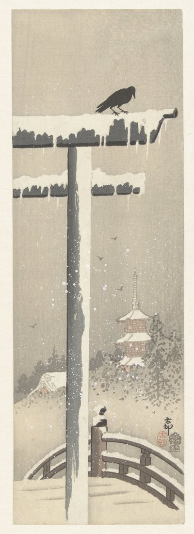 Torii na śniegu autorstwa Ohara Koson