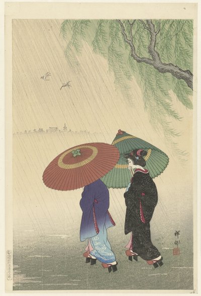 Dwie kobiety w deszczu autorstwa Ohara Koson